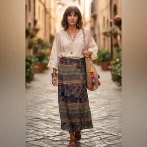 Vintage Valerie Stevens Paisley Bohemian Maxi Silk Skirt Size S